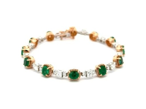 18K White and Rose Gold Bracelet with Natural Princess-Cut and Round Diamonds and Oval Emeralds